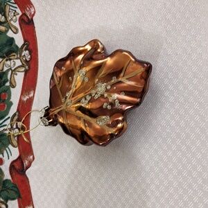 Glittery Copper Maple Leaf Glass Ornament Christmas Gold Accents 2-Sided Figural